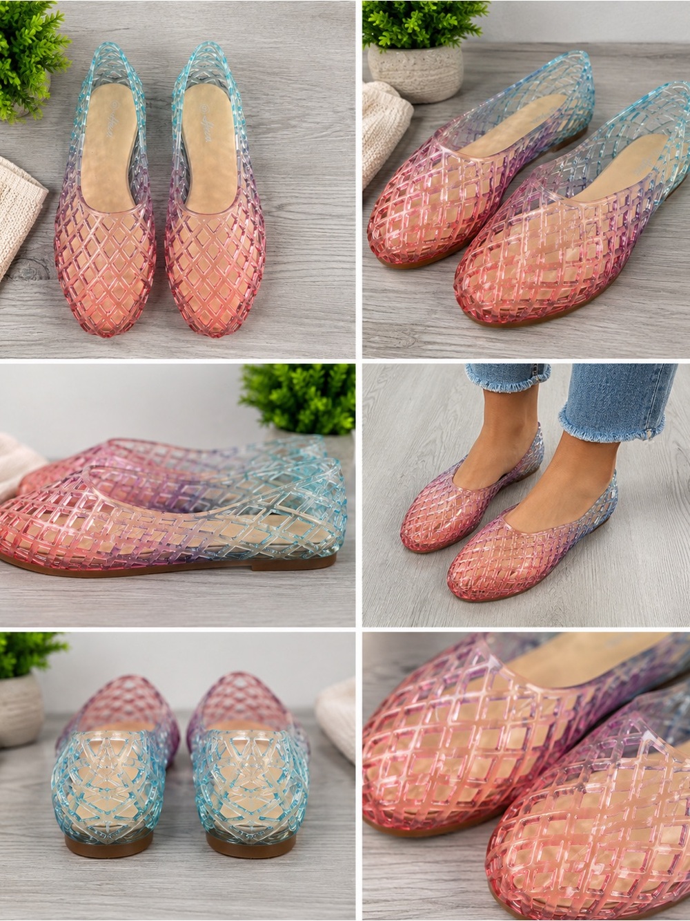 Gradient Jelly Flats | Pink Blue Mesh Slip-On Shoes | Size 9 Heva Women’s
